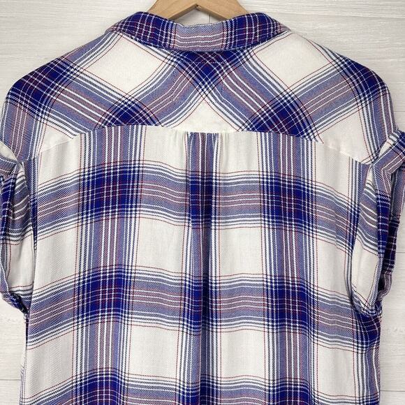 Rails Britt Plaid Button Up Shirt Women XS Cap Short Sleeve Blue White Western - Picture 7 of 13